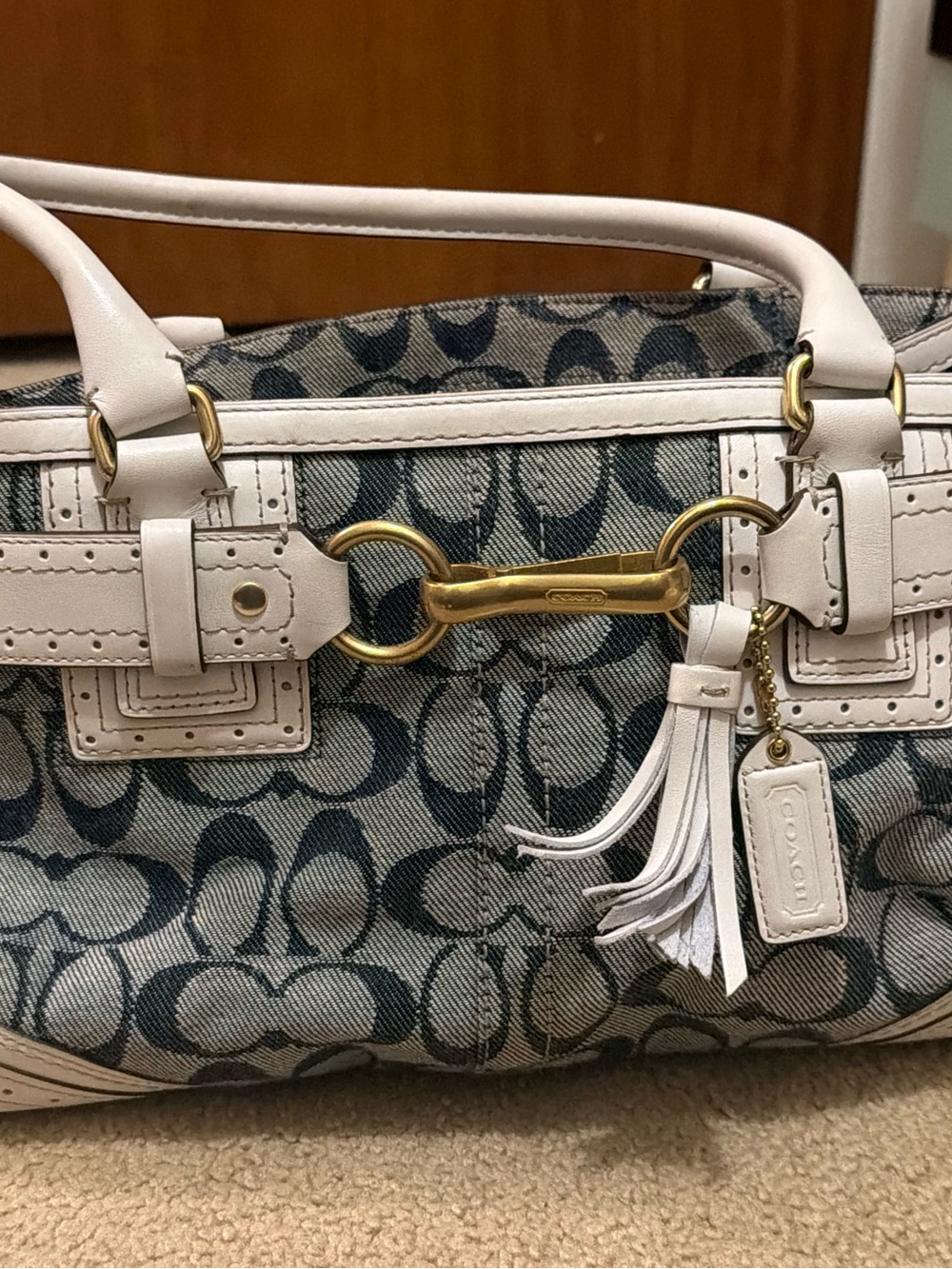 Coach Signature Denim Shoulder Bag with White Leather Trim - Picture 2 of 5